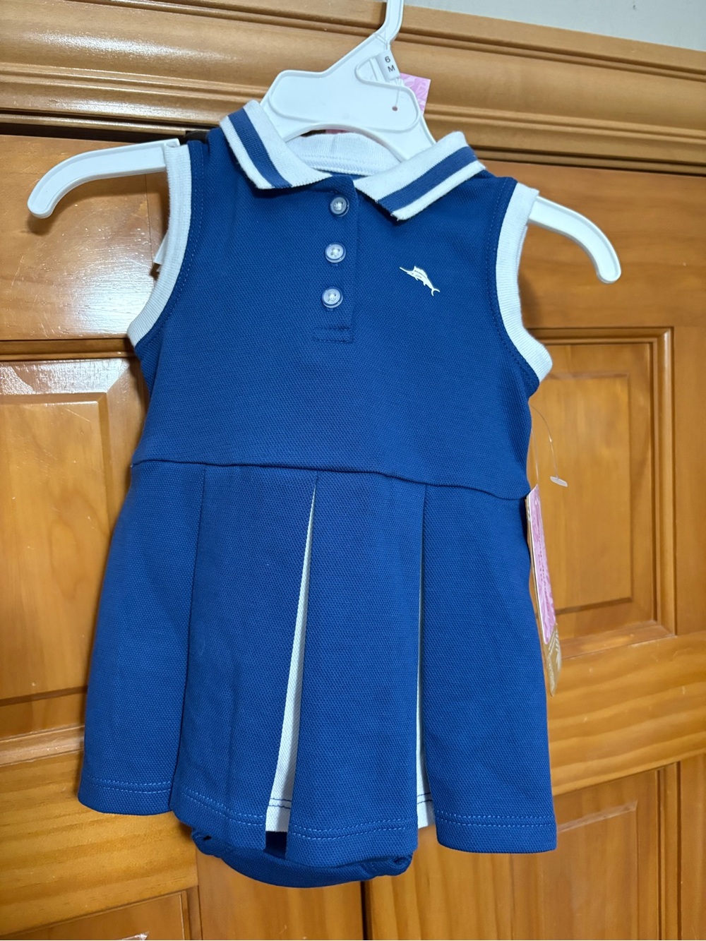 Tommy Bahama Blue and White Sleeveless Polo Dress for Girls with Mega Rattle Toy